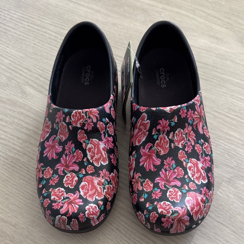CROCS Black Clogs with Pink Floral Pattern